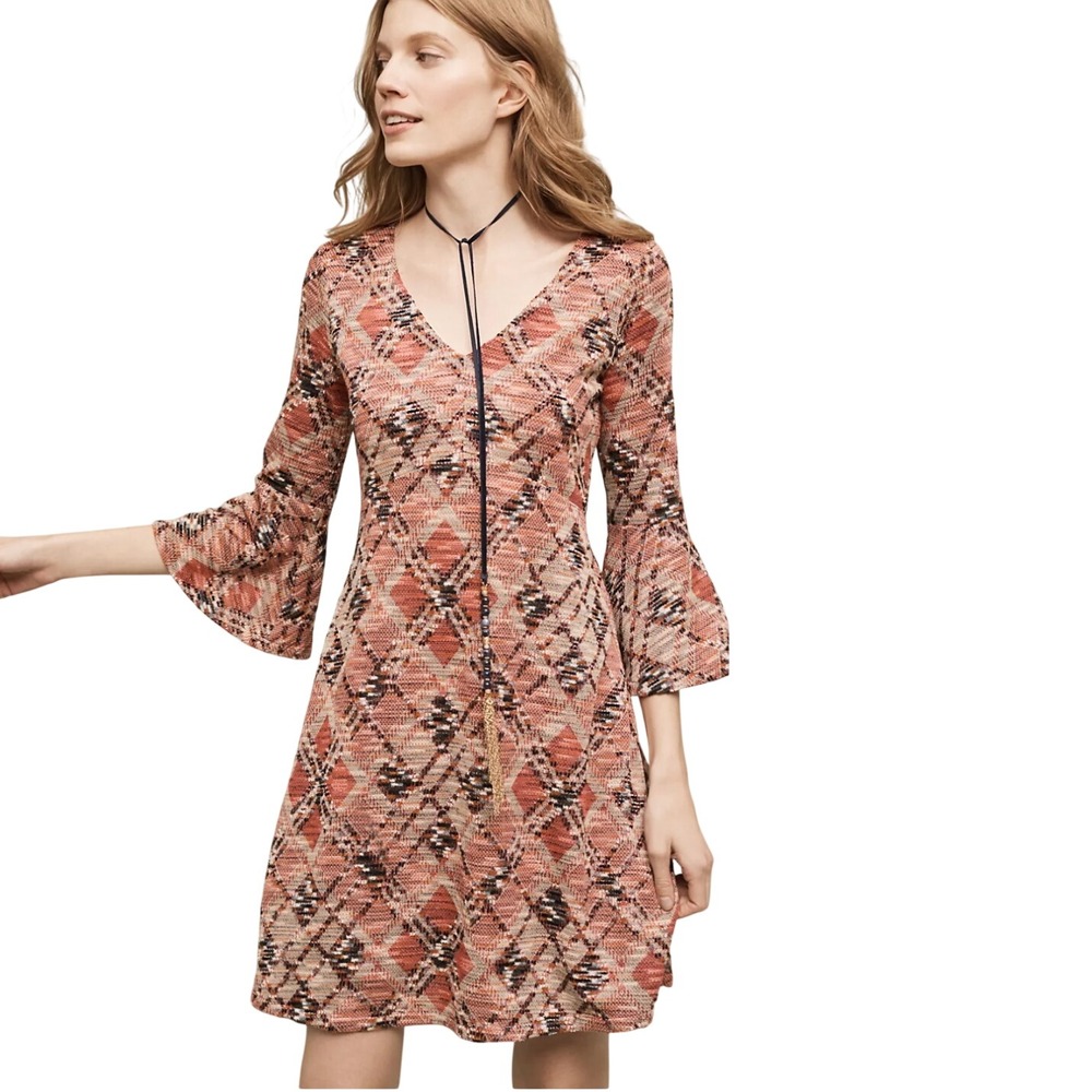 Maeve Anthropologie Erina Dress L Pink Argyle Bell Sleeve Fit Flare Boho 70s